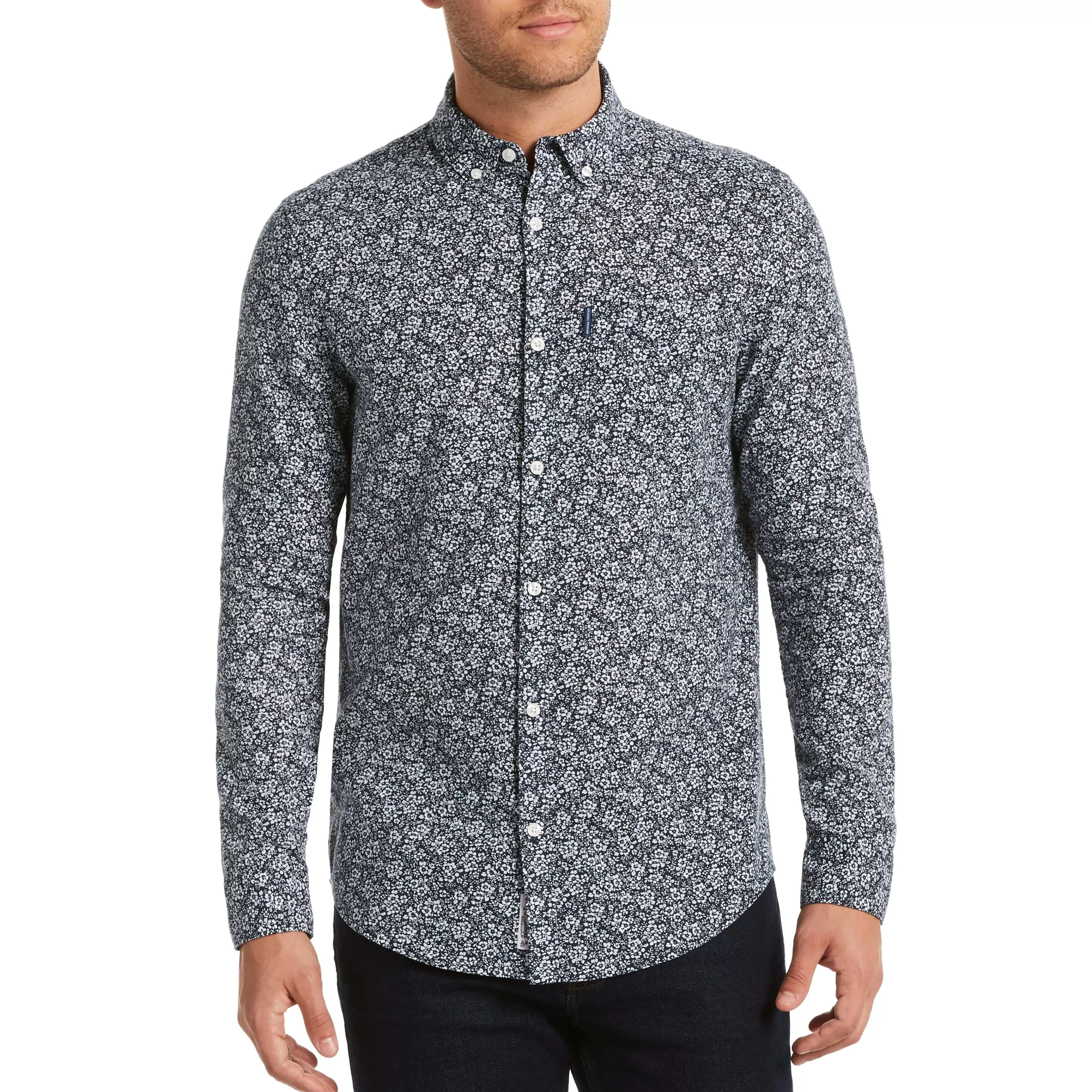 Online Linen Blend Ditsy Floral Print Shirt Men Shirts
