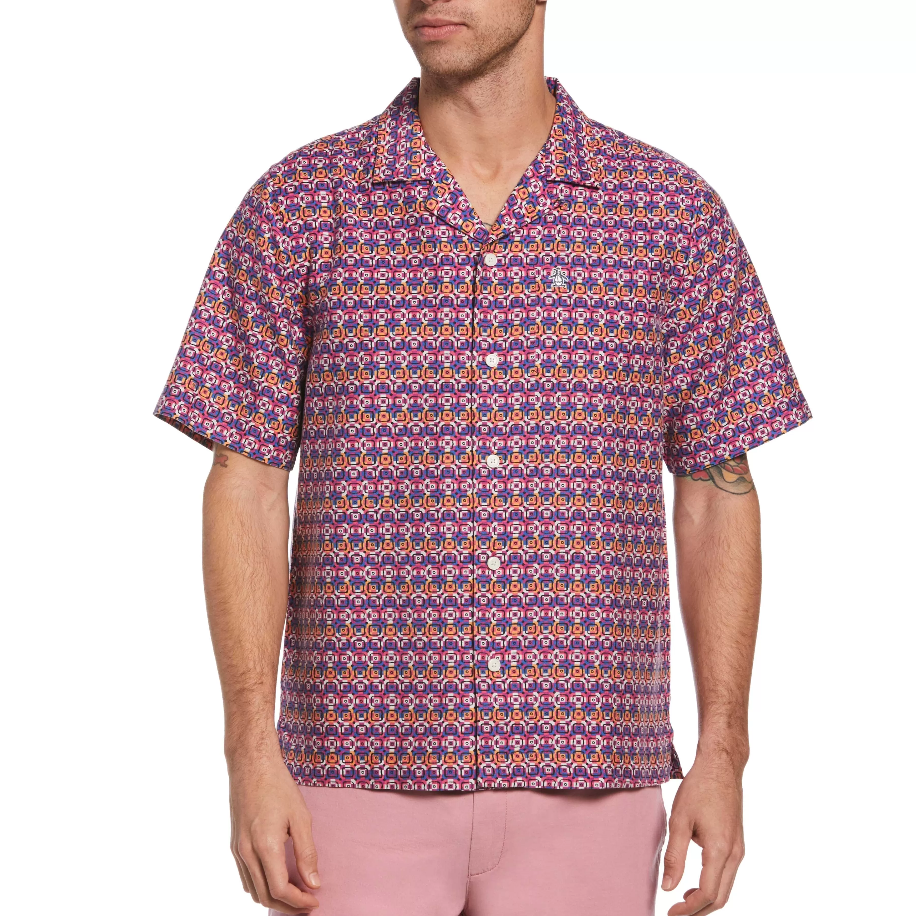 Hot Pink Geo Print Shirt Men Shirts