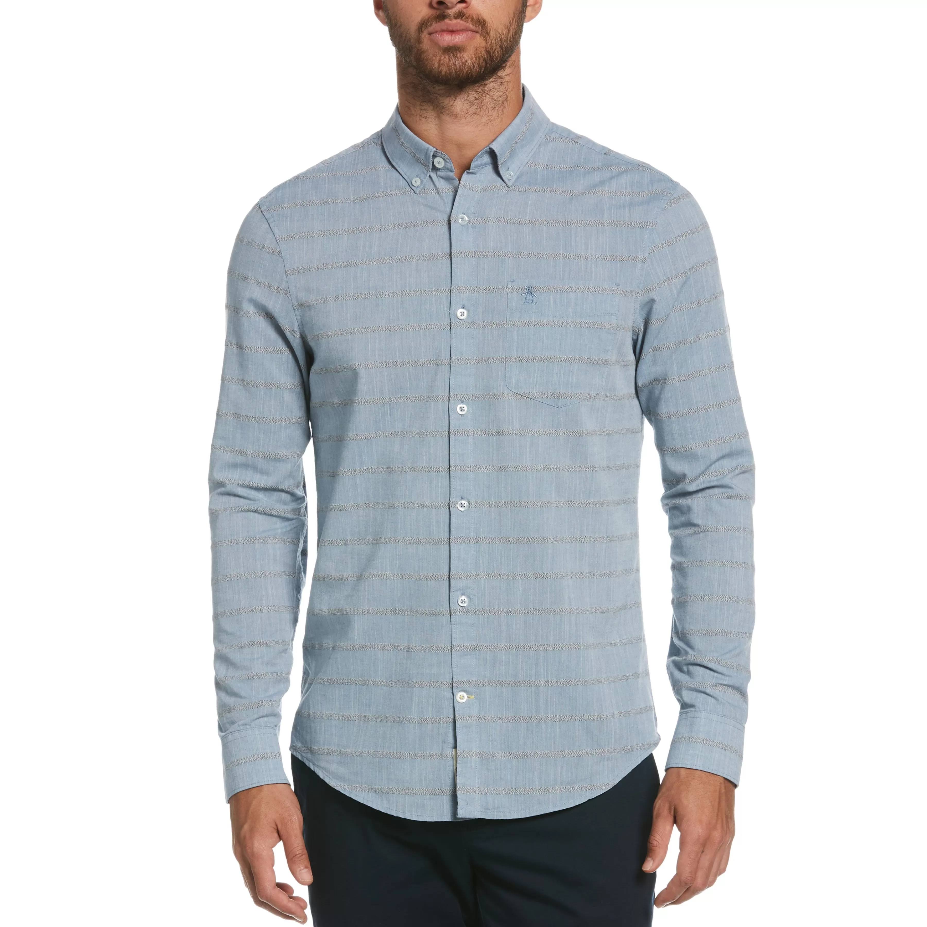 Flash Sale Stripe Slub Chambray Shirt Men Shirts
